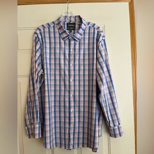 Men’s Bonobos pink blue white plaid long sleeve slim fit button down shirt. XL